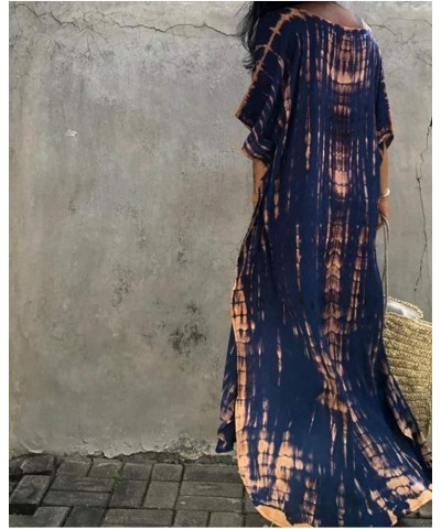 Womens Caftan Plus Size Kaftans Casual V Neck Caftans Long Soft Beach Maxi Dress for Summer A Navy Blue&orange $15.00 Swimsuits