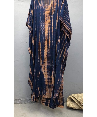 Womens Caftan Plus Size Kaftans Casual V Neck Caftans Long Soft Beach Maxi Dress for Summer A Navy Blue&orange $15.00 Swimsuits