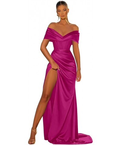 Off Shoulder Satin Prom Dresses for Women A-Line Corset Mermaid Evening Party Dresses Hot Pink $33.60 Dresses