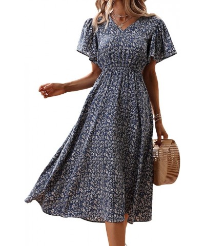 Women's Boho Ditsy Floral V Neck Butterfly Sleeve Flared Flowy Maxi Dress Navy Blue $18.24 Dresses