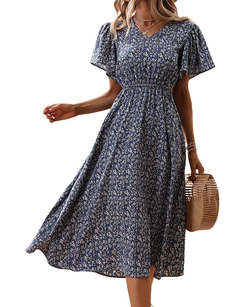 Women's Boho Ditsy Floral V Neck Butterfly Sleeve Flared Flowy Maxi Dress Navy Blue $18.24 Dresses