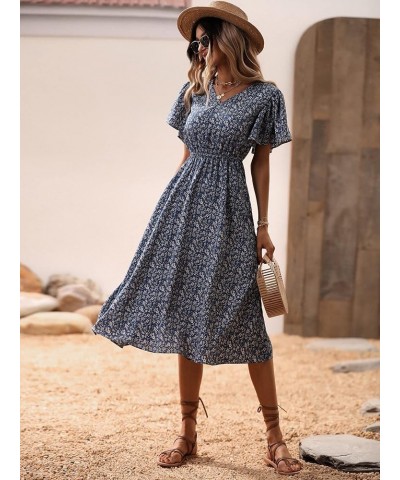 Women's Boho Ditsy Floral V Neck Butterfly Sleeve Flared Flowy Maxi Dress Navy Blue $18.24 Dresses