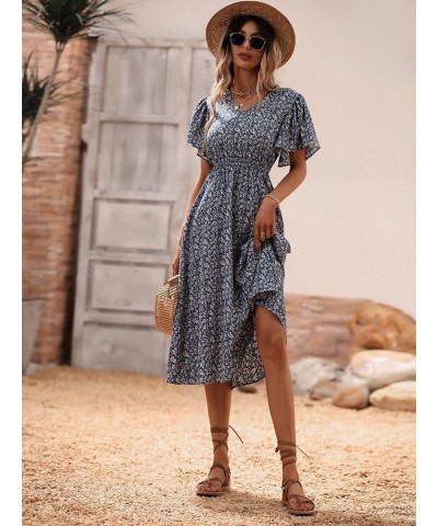 Women's Boho Ditsy Floral V Neck Butterfly Sleeve Flared Flowy Maxi Dress Navy Blue $18.24 Dresses