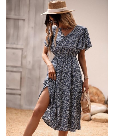 Women's Boho Ditsy Floral V Neck Butterfly Sleeve Flared Flowy Maxi Dress Navy Blue $18.24 Dresses