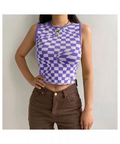 Women's Plaid Printed Sleeveless O Neck Camisole Harajuku Vintage Knitted Cropped Tank Top Purple and White $17.09 Tanks