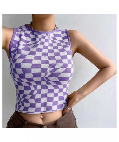 Women's Plaid Printed Sleeveless O Neck Camisole Harajuku Vintage Knitted Cropped Tank Top Purple and White $17.09 Tanks