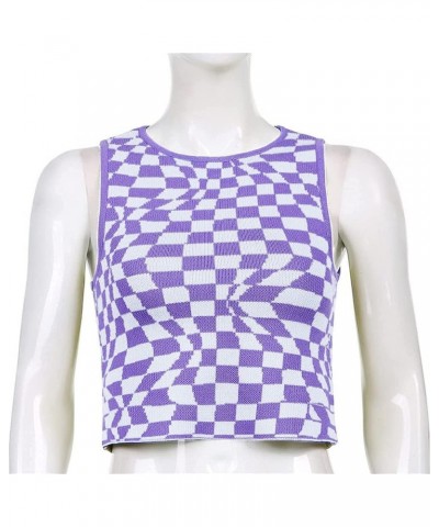 Women's Plaid Printed Sleeveless O Neck Camisole Harajuku Vintage Knitted Cropped Tank Top Purple and White $17.09 Tanks