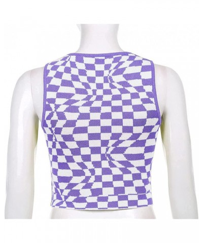 Women's Plaid Printed Sleeveless O Neck Camisole Harajuku Vintage Knitted Cropped Tank Top Purple and White $17.09 Tanks