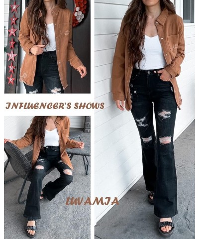 Womens Denim Jacket Distressed Button Down Jean Shirt For Women Ripped Shacket Coat D-brown $23.84 Tops