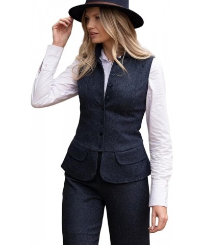 Women's Herringbone Tweed Vest Dressy Waistcoat Sleeveless Jacket Navy Blue $18.40 Vests