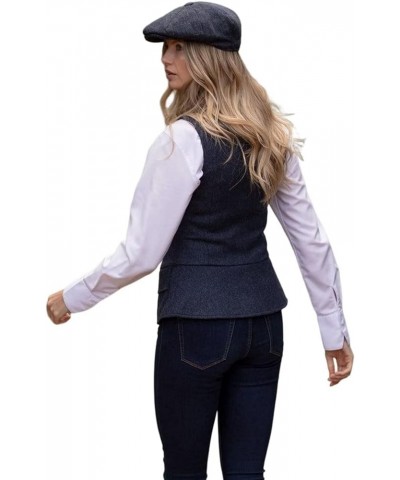 Women's Herringbone Tweed Vest Dressy Waistcoat Sleeveless Jacket Navy Blue $18.40 Vests