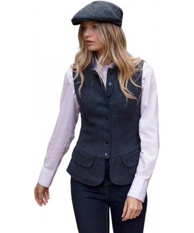 Women's Herringbone Tweed Vest Dressy Waistcoat Sleeveless Jacket Navy Blue $18.40 Vests