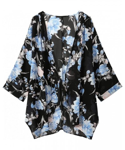 Women Chiffon Kimono Cardigan Floral Printed Bat Sleeve Casual Capes Beach Cover up Blackblue $11.65 Swimsuits