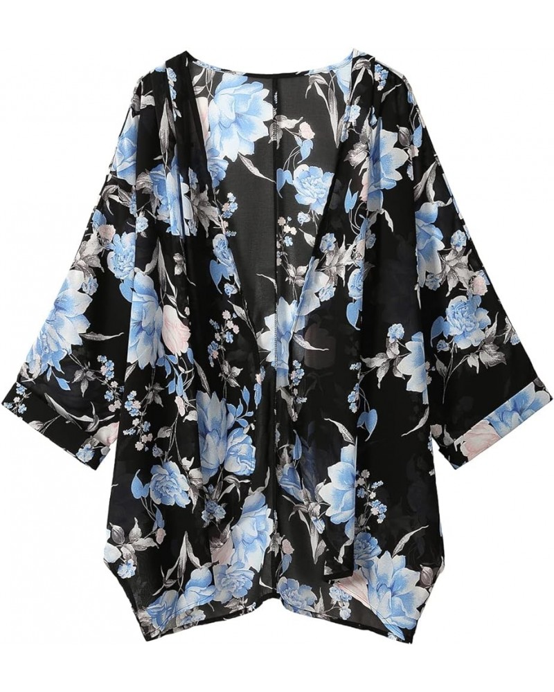 Women Chiffon Kimono Cardigan Floral Printed Bat Sleeve Casual Capes Beach Cover up Blackblue $11.65 Swimsuits