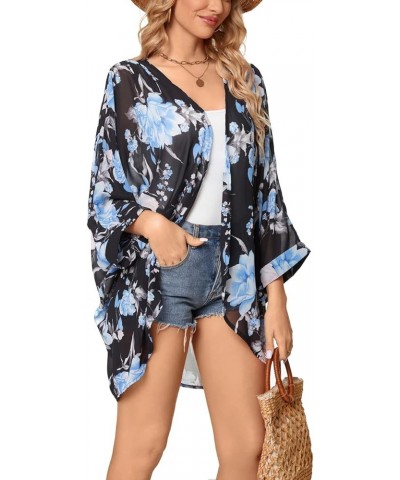 Women Chiffon Kimono Cardigan Floral Printed Bat Sleeve Casual Capes Beach Cover up Blackblue $11.65 Swimsuits