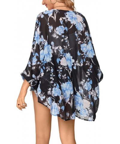 Women Chiffon Kimono Cardigan Floral Printed Bat Sleeve Casual Capes Beach Cover up Blackblue $11.65 Swimsuits