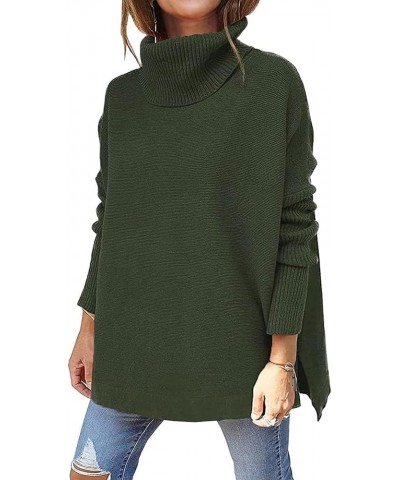 Women's Turtleneck Oversized Long Batwing Sleeve Pullover Sweater Spilt Hem Knit Sweater Army Green $17.91 Sweaters