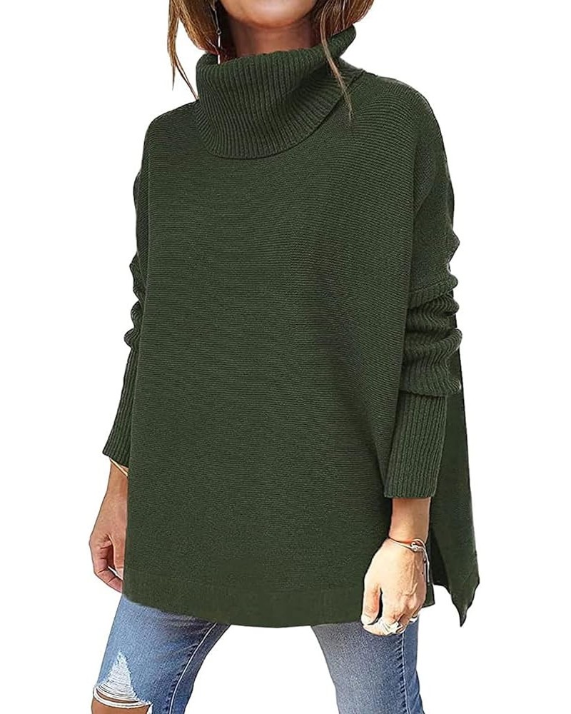 Women's Turtleneck Oversized Long Batwing Sleeve Pullover Sweater Spilt Hem Knit Sweater Army Green $17.91 Sweaters