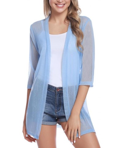 Women Casual 3/4 Sleeve Sheer Open Front Cardigan Sweater Kimono Light Blue $14.25 Sweaters