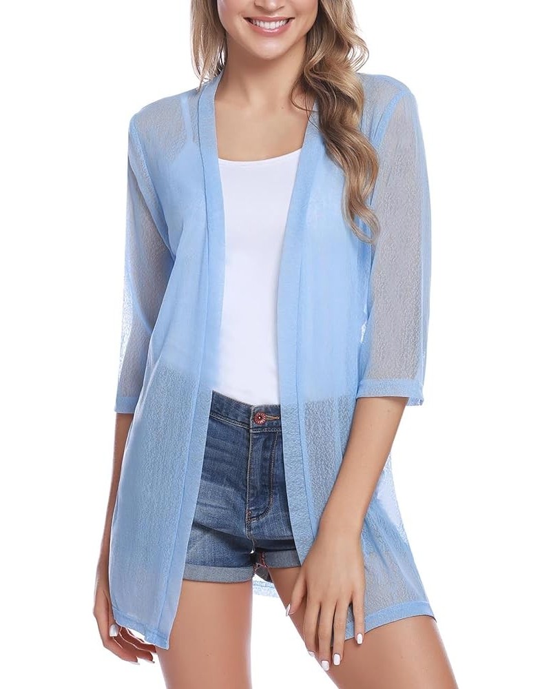 Women Casual 3/4 Sleeve Sheer Open Front Cardigan Sweater Kimono Light Blue $14.25 Sweaters