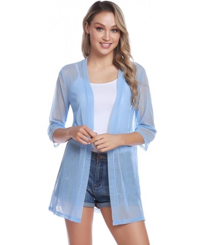 Women Casual 3/4 Sleeve Sheer Open Front Cardigan Sweater Kimono Light Blue $14.25 Sweaters