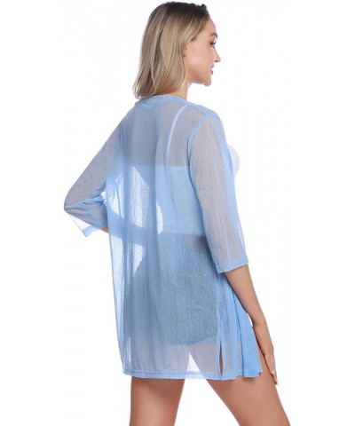 Women Casual 3/4 Sleeve Sheer Open Front Cardigan Sweater Kimono Light Blue $14.25 Sweaters