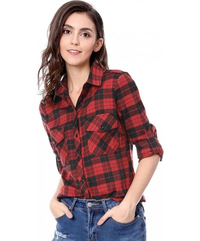 Women's Roll Up Long Sleeve Christmas Button Down Plaid Flannel Shirt Top Black Red $14.19 Blouses