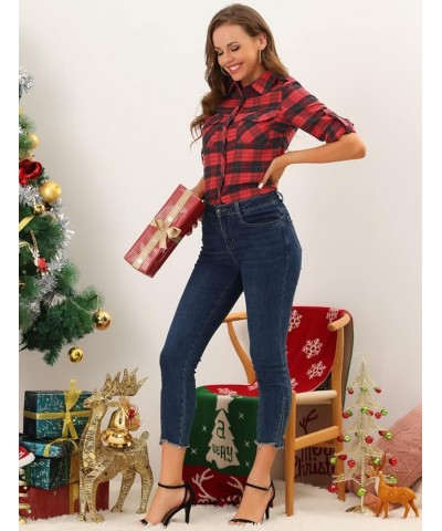 Women's Roll Up Long Sleeve Christmas Button Down Plaid Flannel Shirt Top Black Red $14.19 Blouses