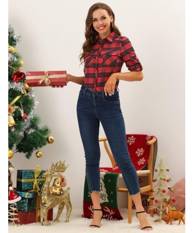 Women's Roll Up Long Sleeve Christmas Button Down Plaid Flannel Shirt Top Black Red $14.19 Blouses