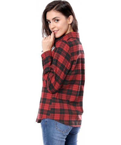 Women's Roll Up Long Sleeve Christmas Button Down Plaid Flannel Shirt Top Black Red $14.19 Blouses