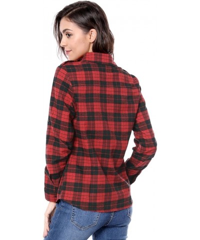 Women's Roll Up Long Sleeve Christmas Button Down Plaid Flannel Shirt Top Black Red $14.19 Blouses