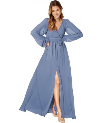 Long Sleeve Bridesmaid Dresses for Wedding Chiffon Long Formal Dresses for Women with Slit Sleet Blue $24.91 Dresses