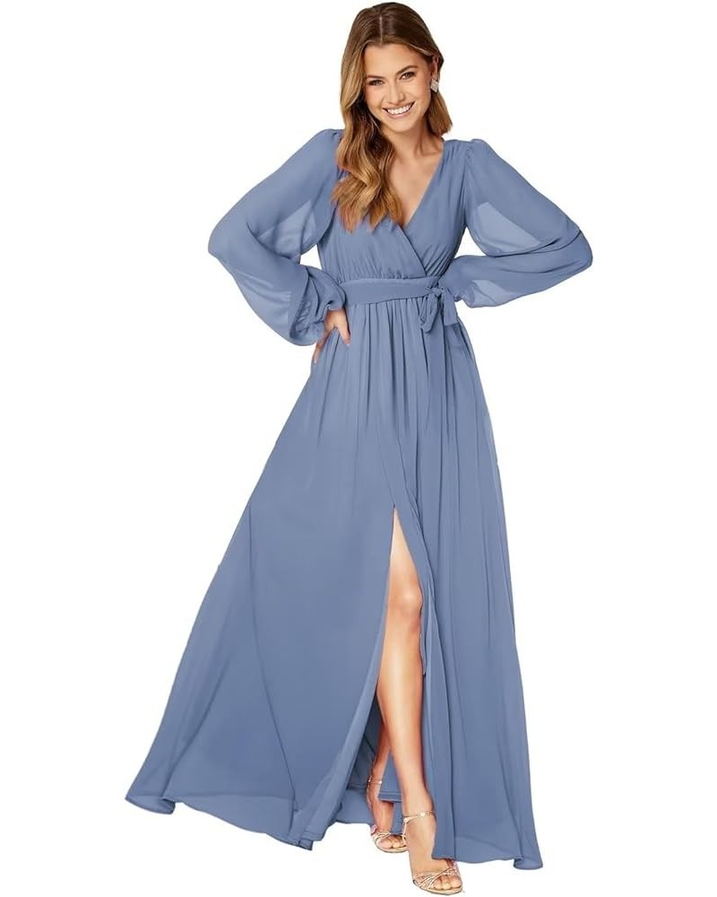 Long Sleeve Bridesmaid Dresses for Wedding Chiffon Long Formal Dresses for Women with Slit Sleet Blue $24.91 Dresses