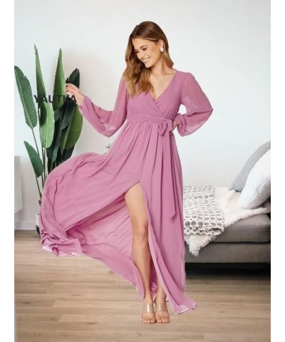 Long Sleeve Bridesmaid Dresses for Wedding Chiffon Long Formal Dresses for Women with Slit Sleet Blue $24.91 Dresses