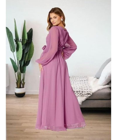 Long Sleeve Bridesmaid Dresses for Wedding Chiffon Long Formal Dresses for Women with Slit Sleet Blue $24.91 Dresses