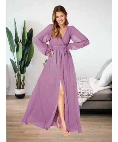 Long Sleeve Bridesmaid Dresses for Wedding Chiffon Long Formal Dresses for Women with Slit Sleet Blue $24.91 Dresses