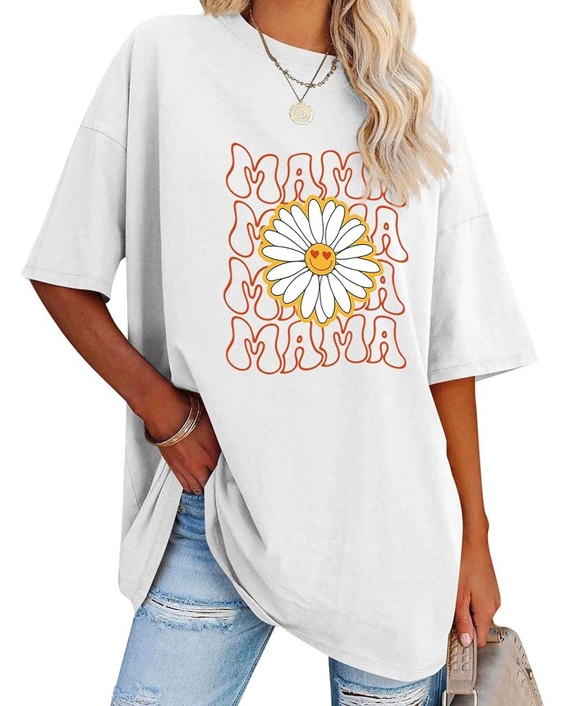 Mama T Shirts Women Daisy Smile Graphic Pullover Mothers Day Happy Face Floral Trendy Mom Tees C1-white $11.50 T-Shirts