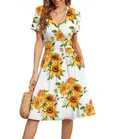 Women's Summer Short Sleeve Casual Dresses V-Neck Floral Party Dress with Pockets Sunflower White $18.71 Dresses