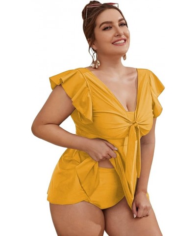 Women's Plus Size Tankini Swimsuit Ruffle Sleeve Two Piece Bathing Suit Yellow $25.51 Swimsuits