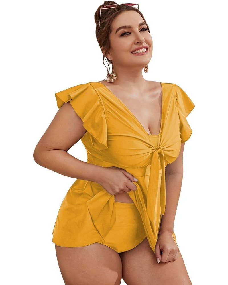 Women's Plus Size Tankini Swimsuit Ruffle Sleeve Two Piece Bathing Suit Yellow $25.51 Swimsuits