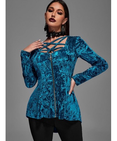 Rosegal Womens Plus Size Gothic Crushed Velour Caged Strappy Cutout Zip Front High Low Long Sleeve Top Blue $26.99 T-Shirts