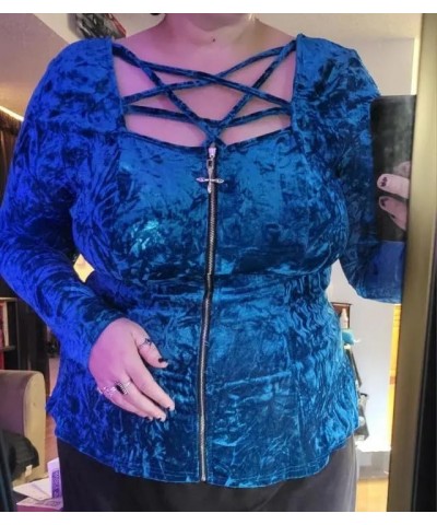 Rosegal Womens Plus Size Gothic Crushed Velour Caged Strappy Cutout Zip Front High Low Long Sleeve Top Blue $26.99 T-Shirts