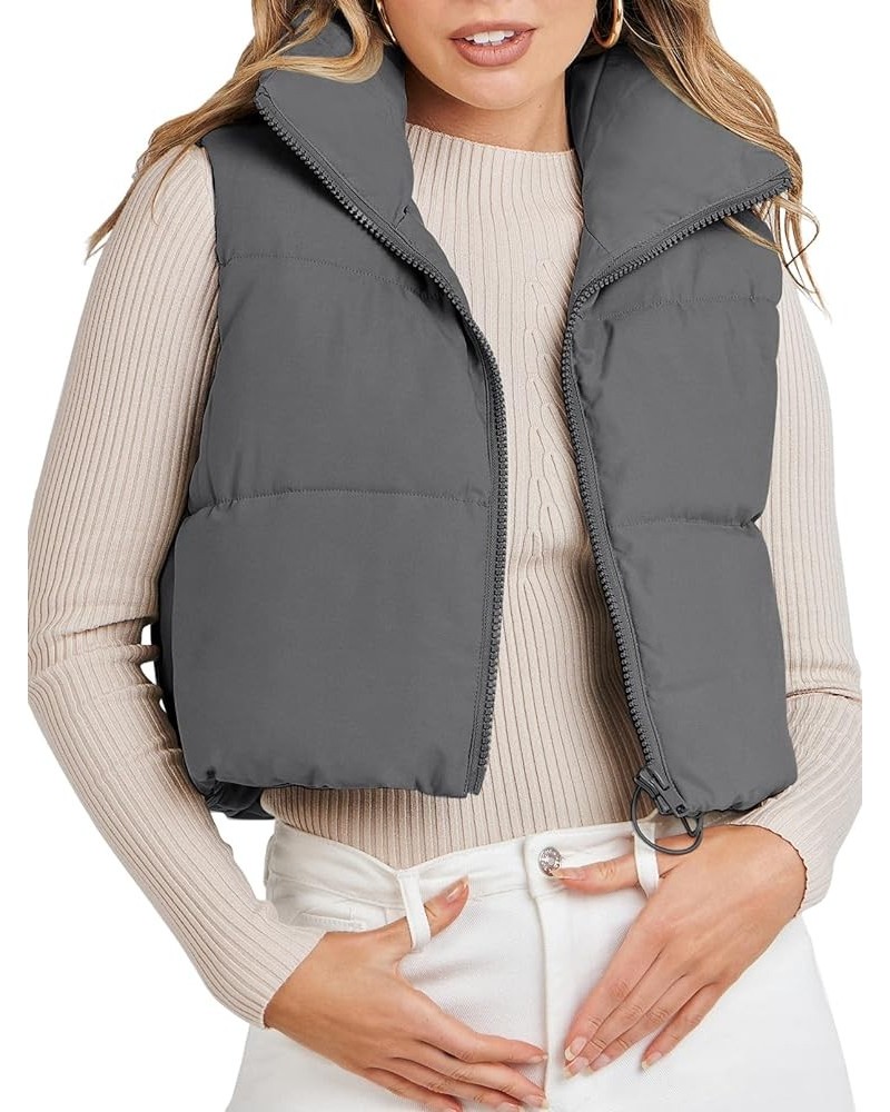 Women's Crop Puffer Vest Lightweight Stand Collar Sleeveless Zip Up Padded Gilet Coat Grey $18.63 Vests