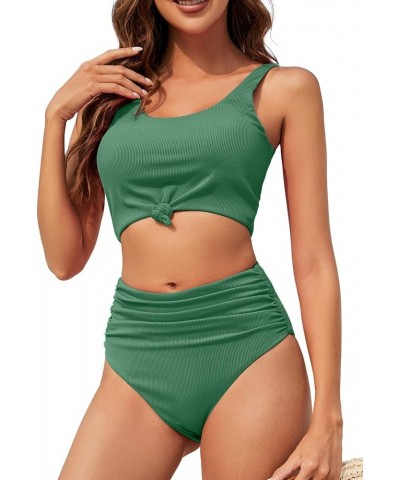 Women's Knot Scoop Neck Bikini Set Ruched High Waisted Two Piece Swimsuits Tankini 2217-armygreen $20.79 Swimsuits