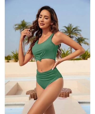 Women's Knot Scoop Neck Bikini Set Ruched High Waisted Two Piece Swimsuits Tankini 2217-armygreen $20.79 Swimsuits