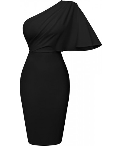 Women's One Shoulder Ruffle Sleeve Ruched Bodycon Club Party Midi Dress Black $12.96 Dresses