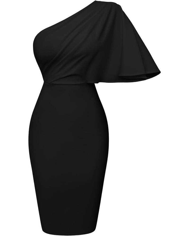 Women's One Shoulder Ruffle Sleeve Ruched Bodycon Club Party Midi Dress Black $12.96 Dresses