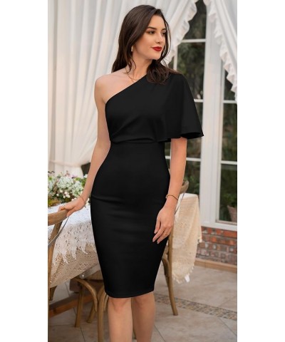 Women's One Shoulder Ruffle Sleeve Ruched Bodycon Club Party Midi Dress Black $12.96 Dresses