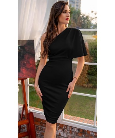 Women's One Shoulder Ruffle Sleeve Ruched Bodycon Club Party Midi Dress Black $12.96 Dresses