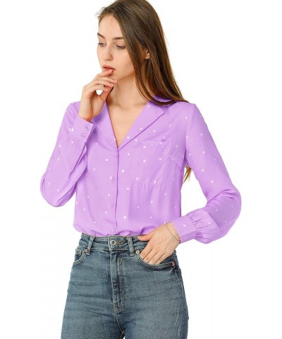 Women's 1950s Vintage Long Sleeve Printed Button Down Tops Purple $15.18 Blouses